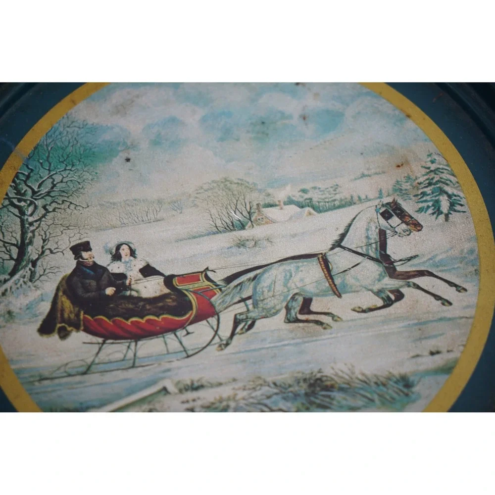 Vtg Currier & Ives Tin The Road Winter Horse Drawn Sleigh Snow Christmas